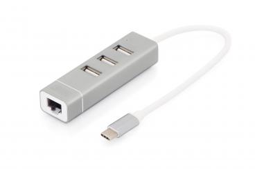 USB Typ-C™ 3-Port Hub + Fast Ethernet LAN-Adapter 
